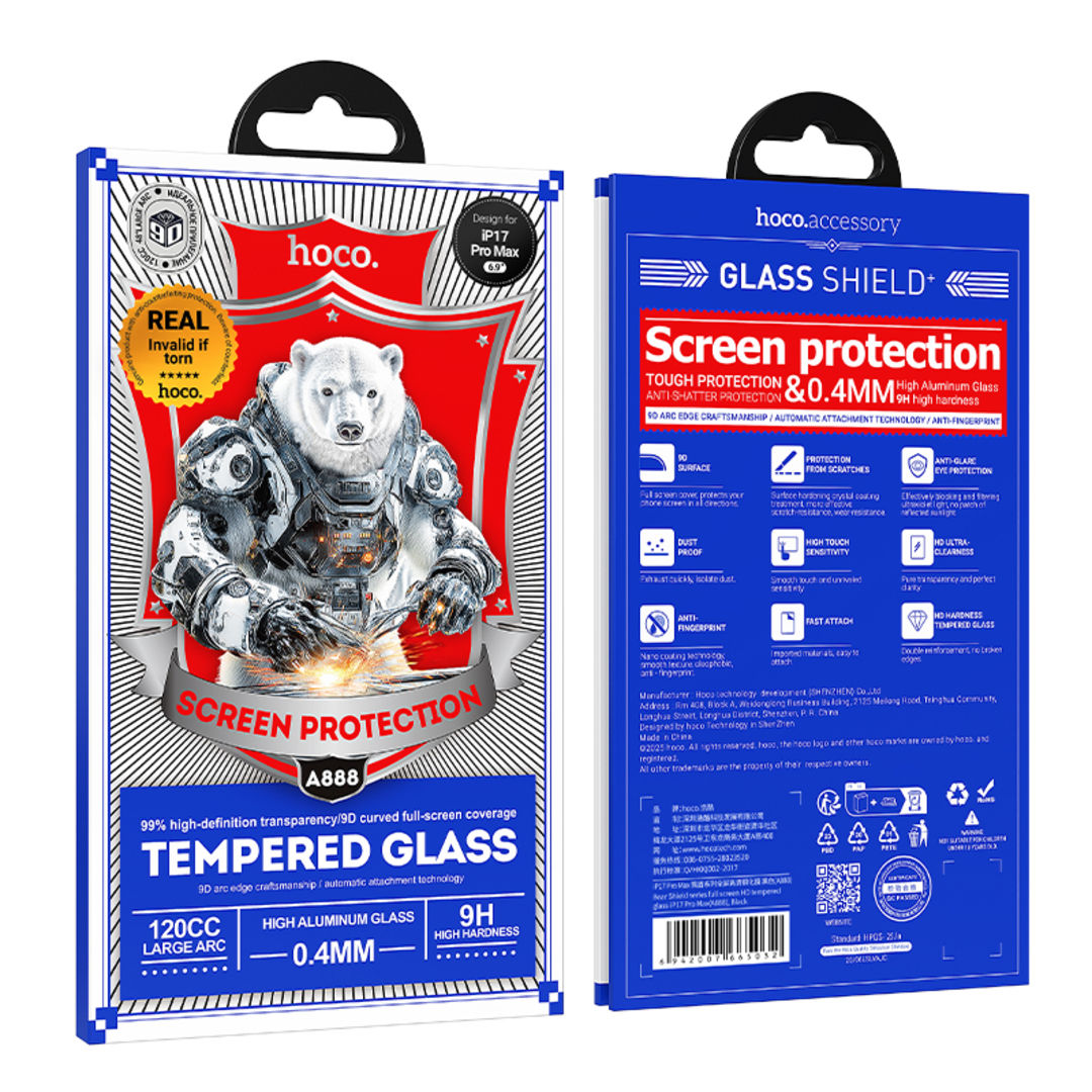 Hoco A888 Bear Shield Series Full Screen HD Tempered Glass for iPhone 18 Pro Max, iPhone 17 Pro Max, Full Screen Coverage, HD Visual