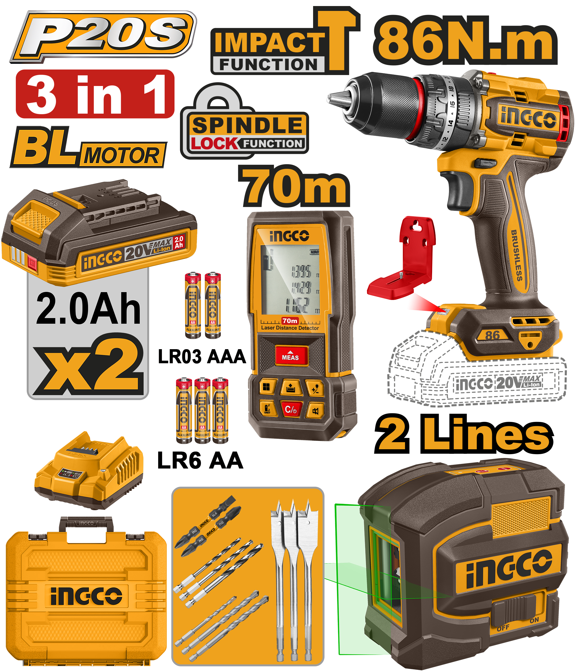 INGCO Cordless Drill and Laser Measuring Combo Kit 70M