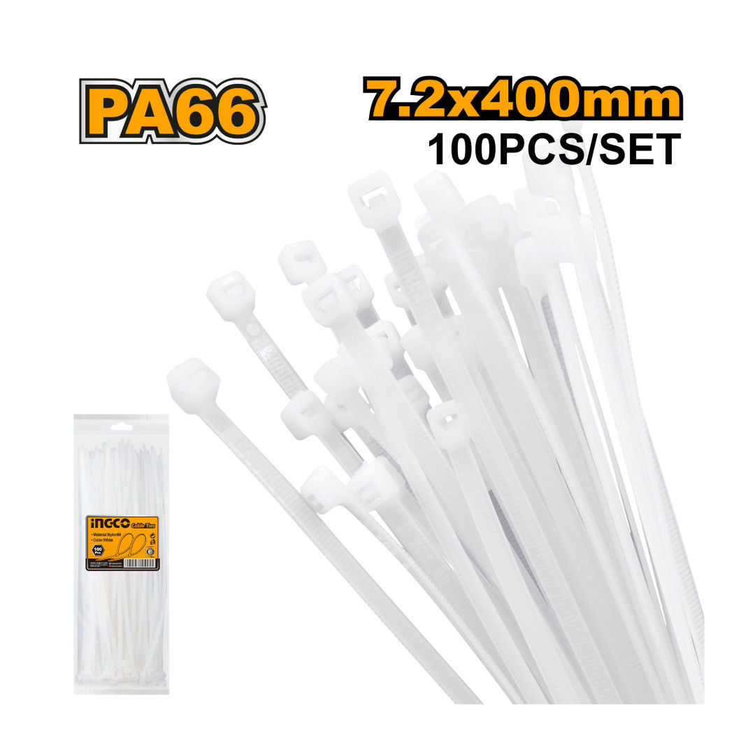 INGCO Cable Ties, Nylon 66, White, 100 Pieces
