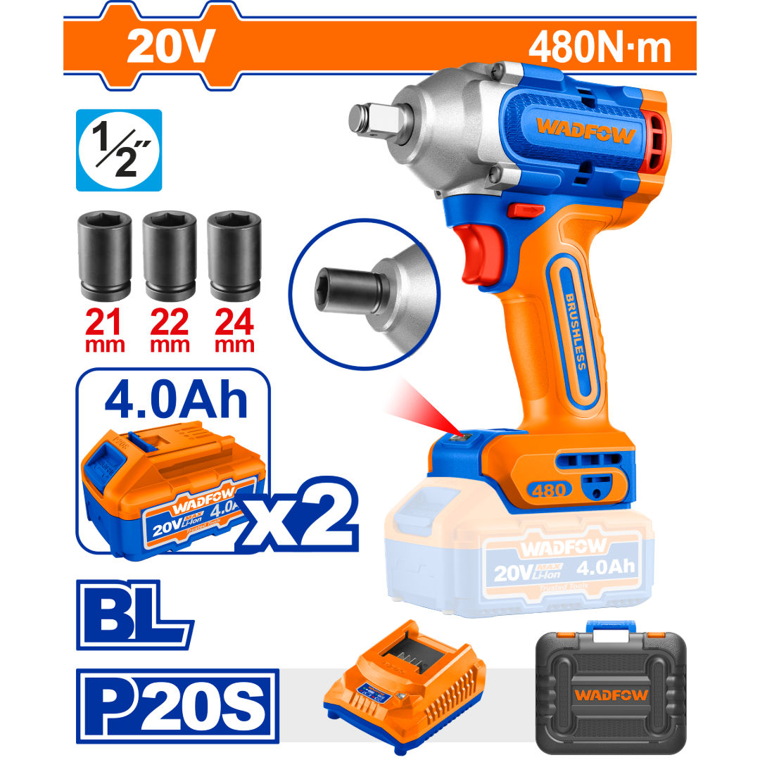 WADFOW Cordless Brushless Impact Wrench 20V, 1/2″ Drive with Batteries & Carrying Case