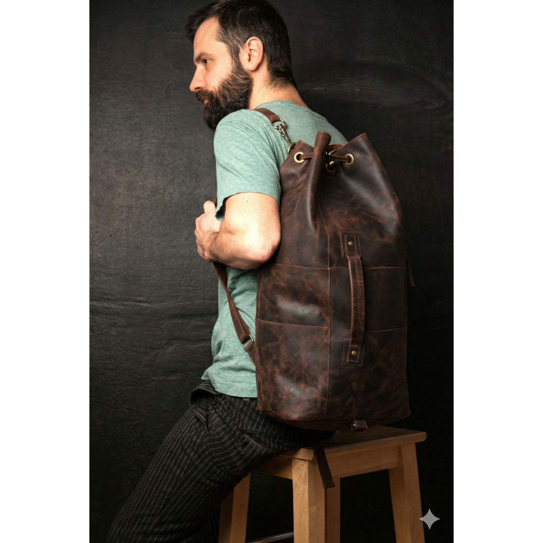 HMZ Leather Military Duffle Bag, 100% Pure Leather Travel & Weekender Bag