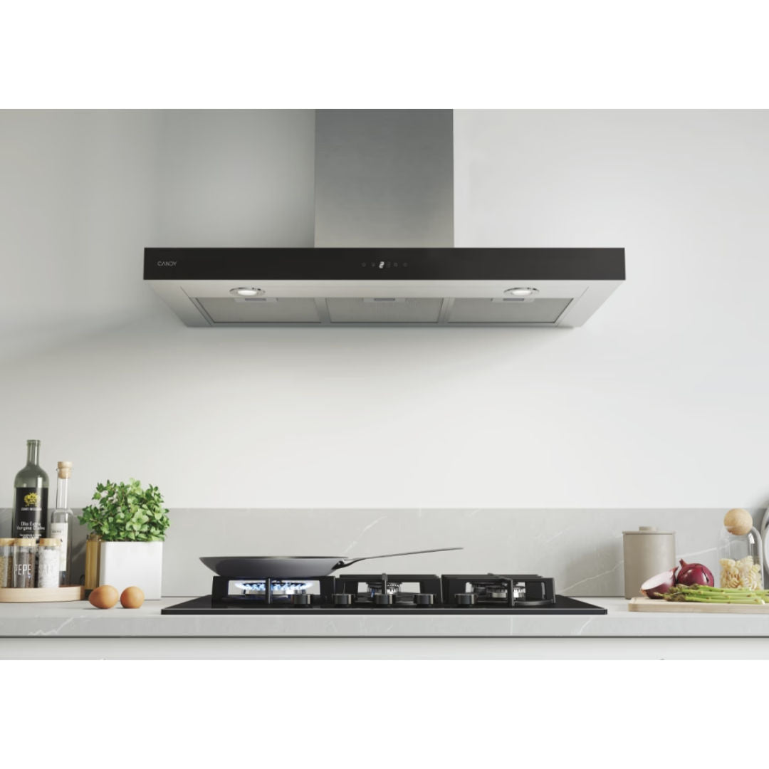 Candy CTS9CX Decorative Wall-Mounted Hood 90cm, 978 m3h, Touch Control, Inox with Black Glass