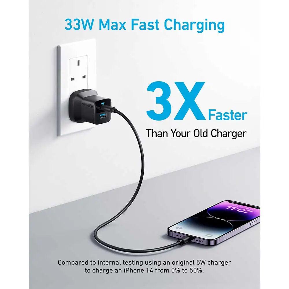 Anker 323 33W Charger, USB-C PD + USB-A Dual Port Fast Charger, Compact Design, Black