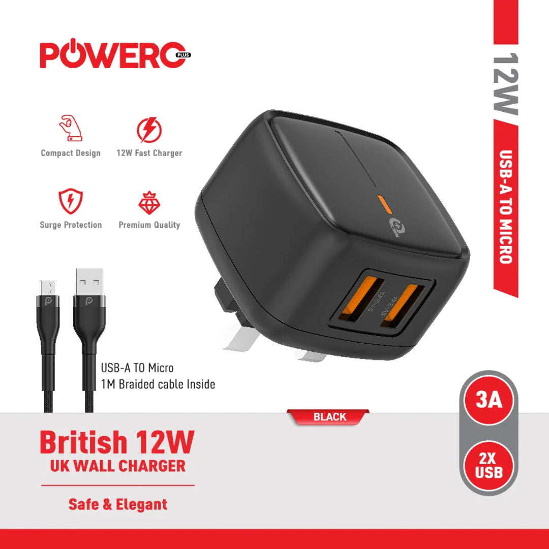 Powero Plus British 12W UK Wall Charger with USB-A to Micro Cable, Black