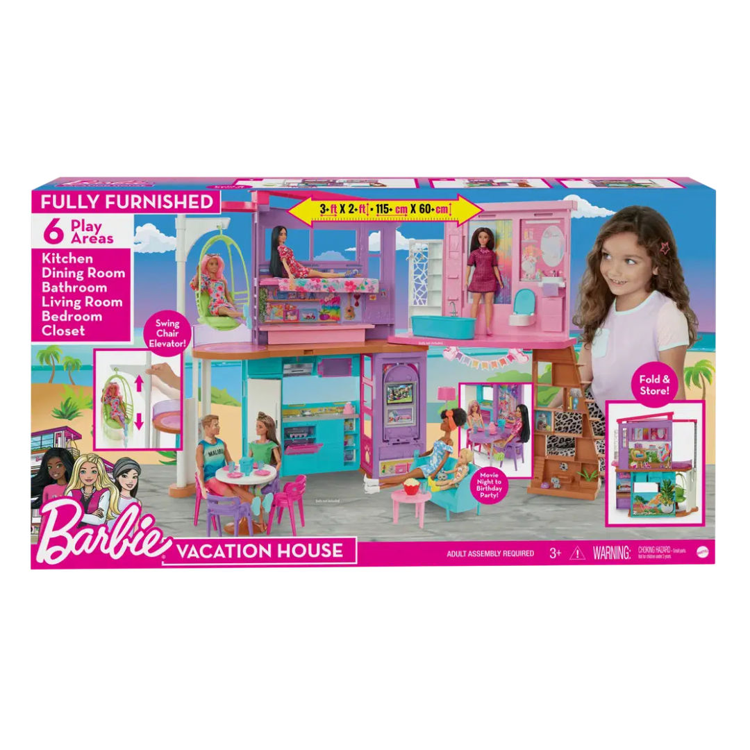 Barbie Vacation House, 42" Dollhouse Playset With 2 Levels, 6 Rooms, Elevator Swing & 30+ Pieces