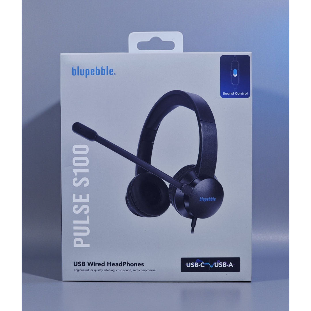 Blupebble Pulse S100 USB Wired Headset, Dual USB-C & USB-A Connectivity, Sound Control, Black