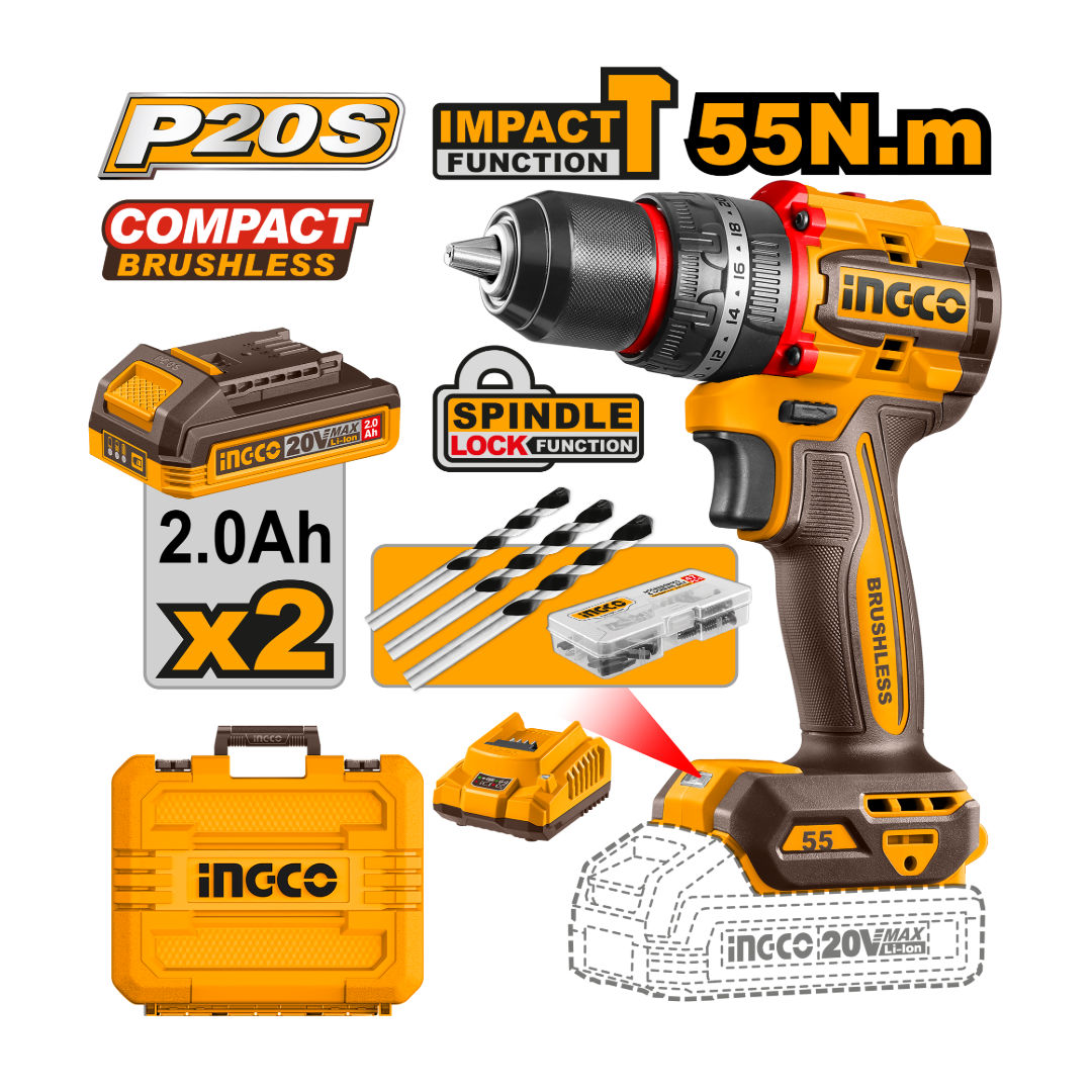 INGCO Brushless Cordless Drill Kit, 20V