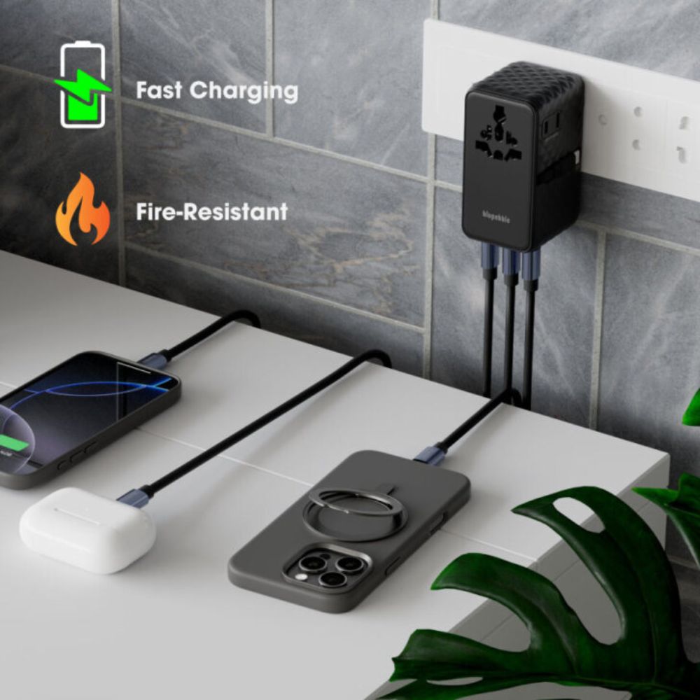 Blupebble Passport 7 World Travel Adapter with GaN Technology 140W + 2 USB-C + 1 USB-A with Retractable Cable, Black