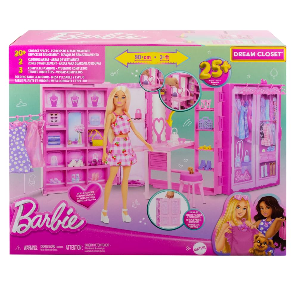 Barbie Dream Wardrobe Playset with Blonde Fashion Doll, 25+ Pieces, 3 Complete Looks, Model HXD58