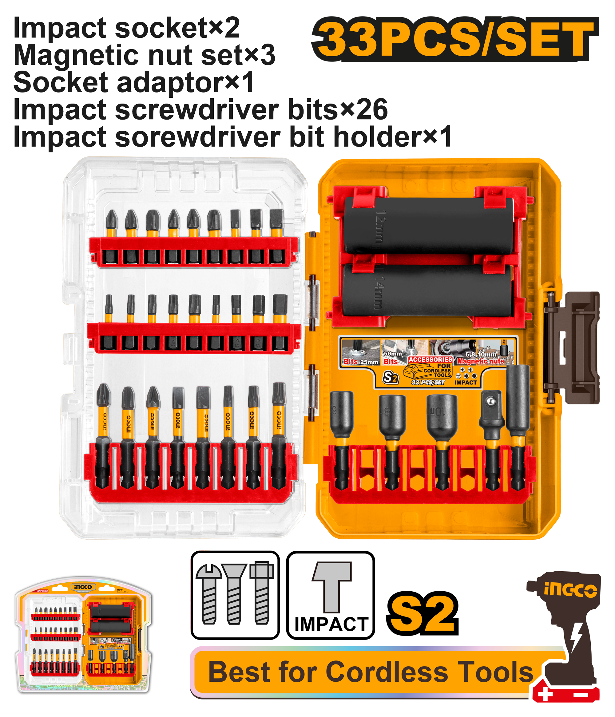 INGCO 33-Pieces Impact Screwdriver Bit and Socket Set