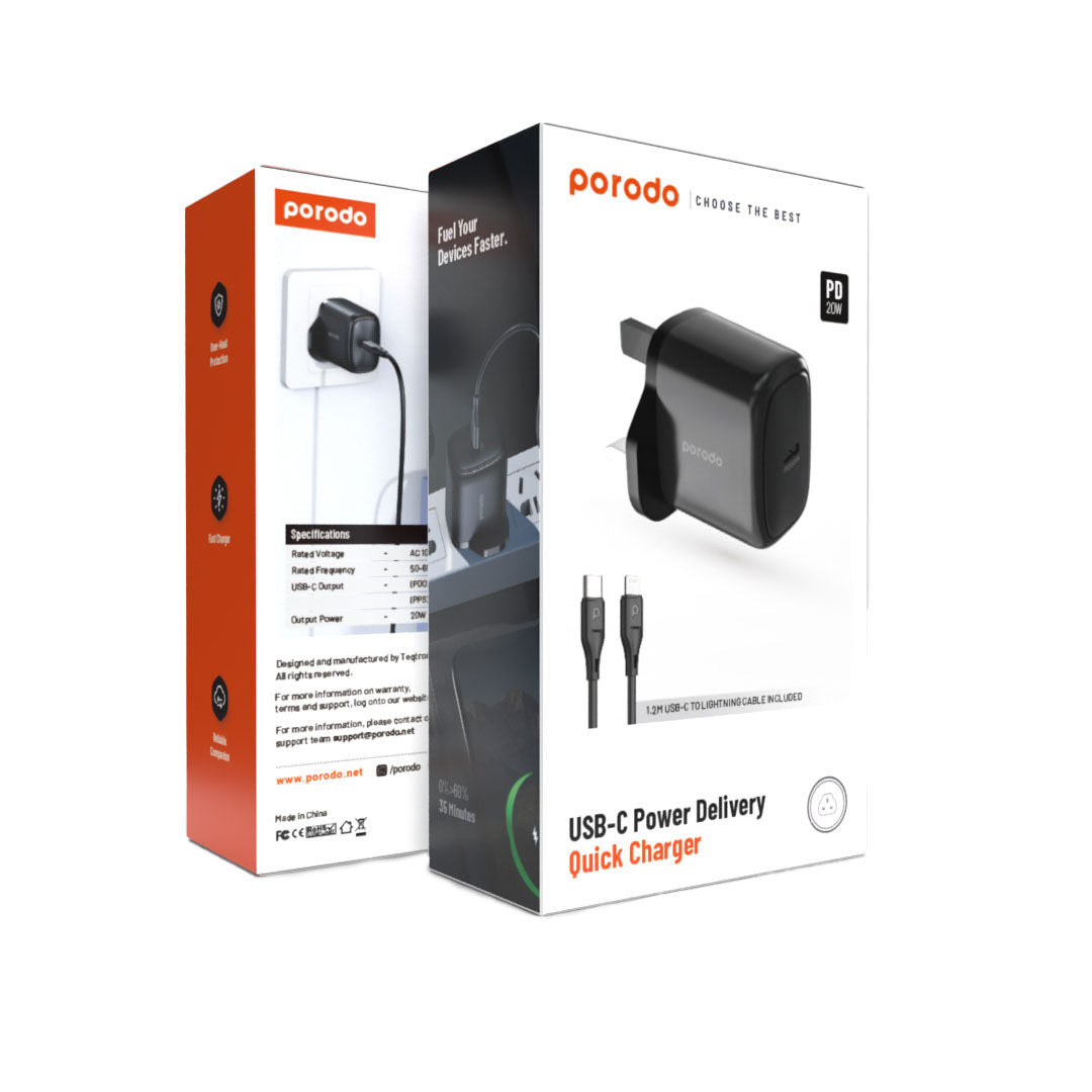 Porodo 20W Single USB C Charger UK With Type-C to Lightning Cable 1.2m, Black