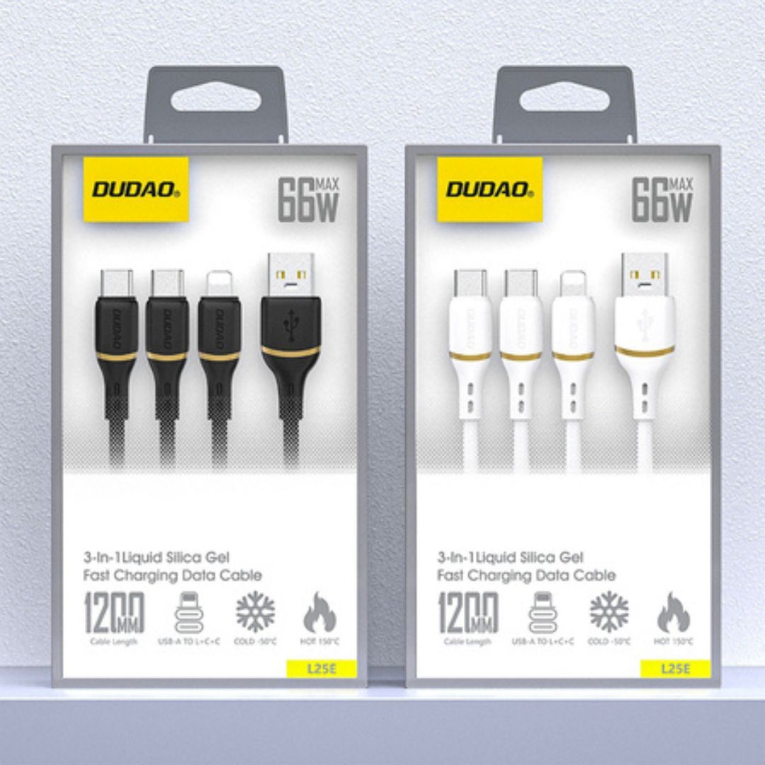 DUDAO L25E-1.2MW Liquid Silicon 3in1 Fast Charging Cable USB-A to 2xUSB-C, Lightning, 66W, 1.2m, White