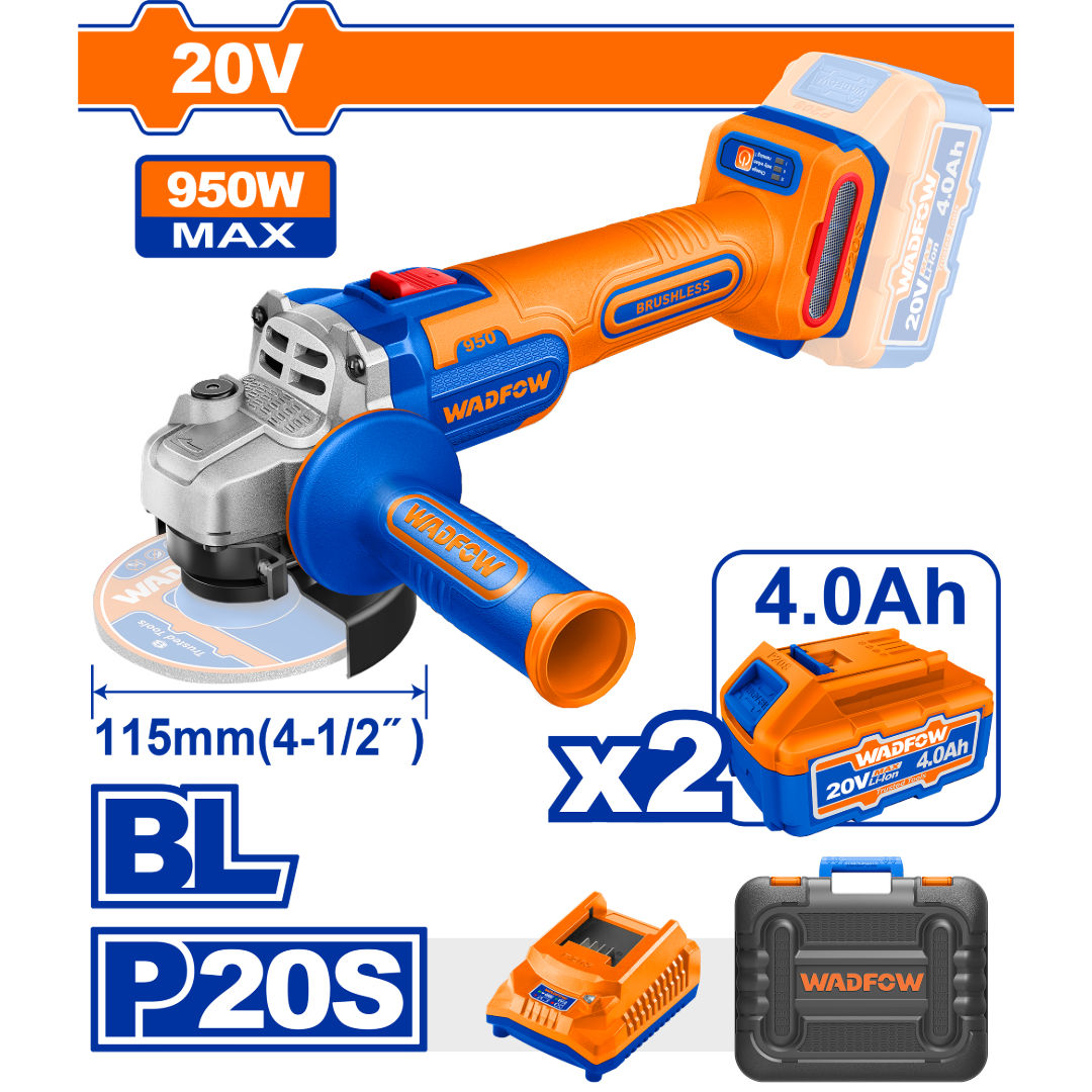 WADFOW Cordless Angle Grinder 20V, Brushless, Ø115 mm Disc, M14 Spindle