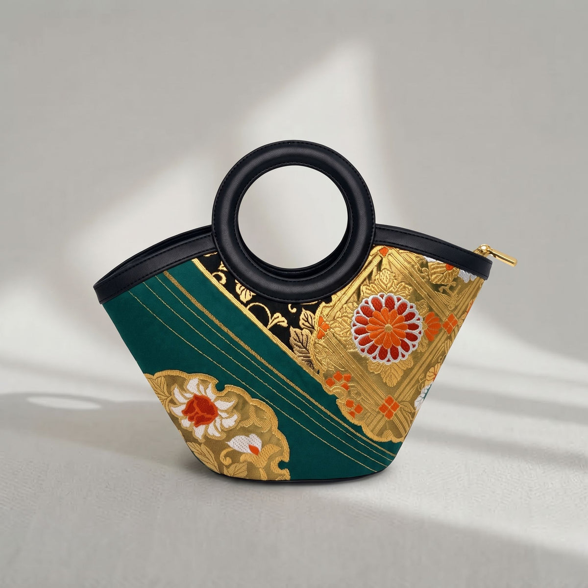 Jamila Designer Mulberry Silk Tote Bag, Flying Bird & Floral Design with Round Handles