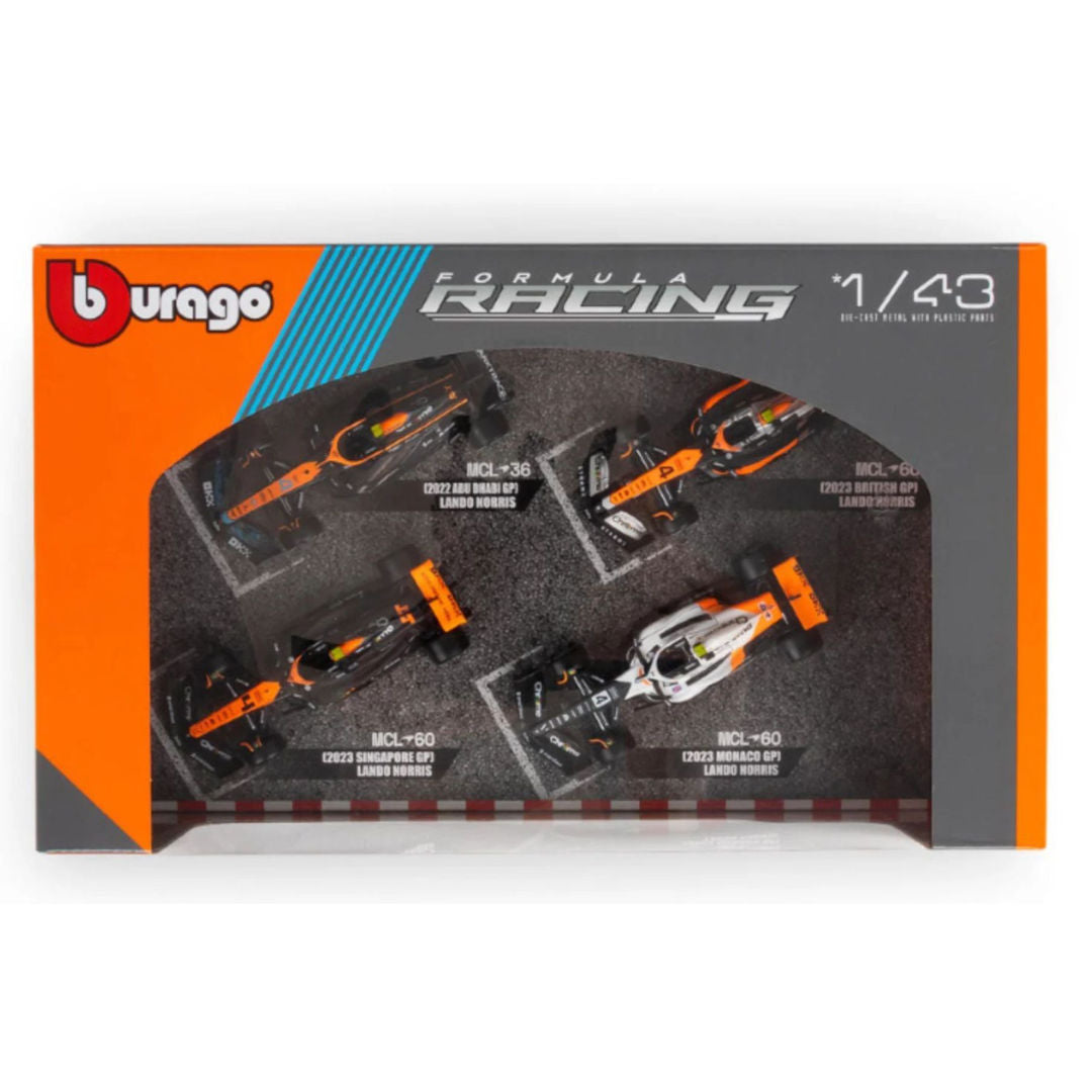 Bburago F1 2022 & 2023, McLaren Team Lando Norris, Die-Cast Cars, 4-Pack Collectors Edition Set, 1:43