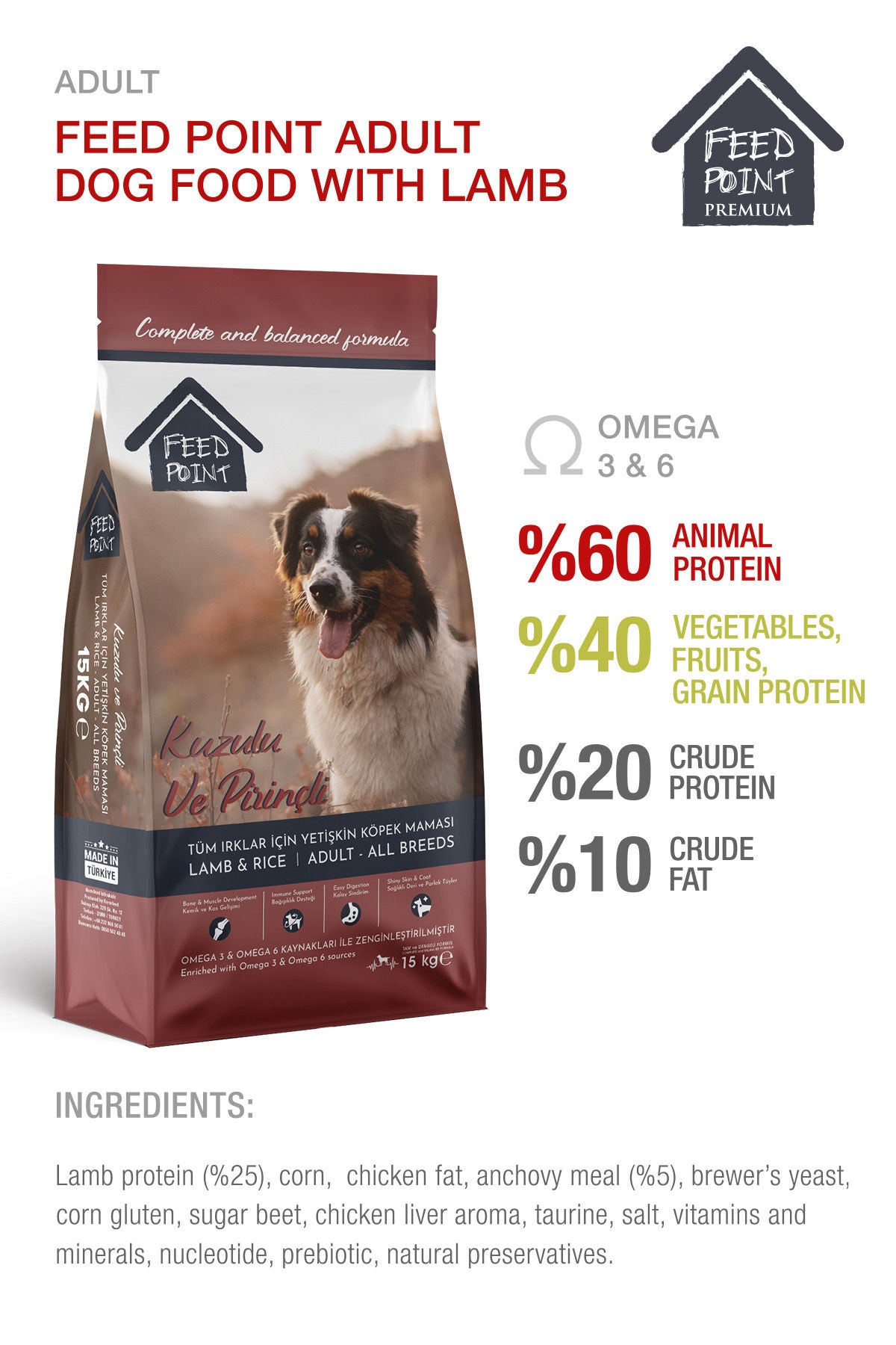 Feed Point Adult Dog Food with Lamb, Chicken & Rice, High Protein, Healthy Joints, Shiny Coat & Strong Immunity, Complete Balanced Nutrition, 15kg