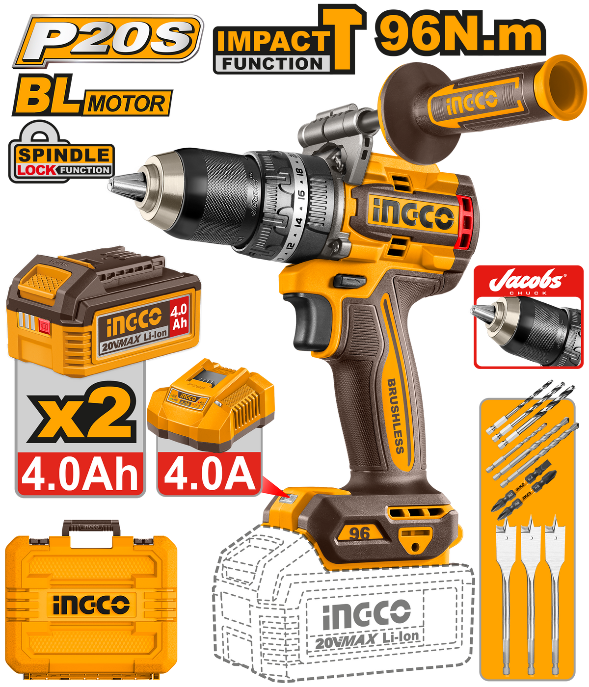 INGCO Cordless Impact Drill 20V 96Nm Brushless Drill Kit
