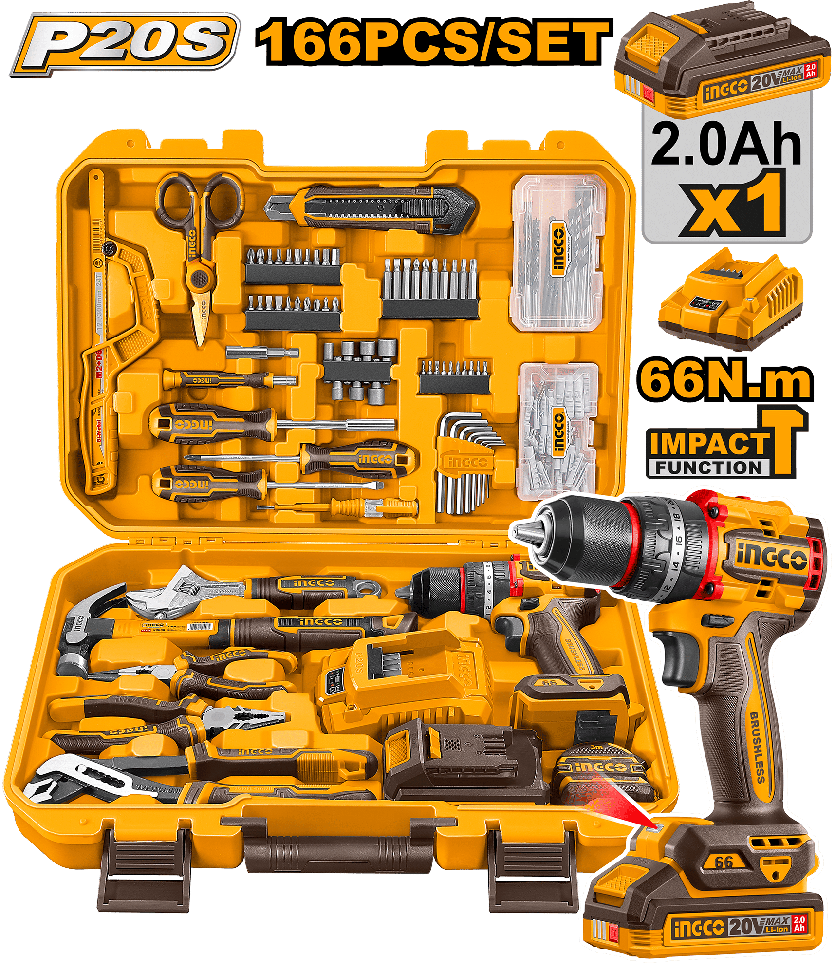 INGCO 166-Pieces Tool Set with Cordless Drill and Accessories