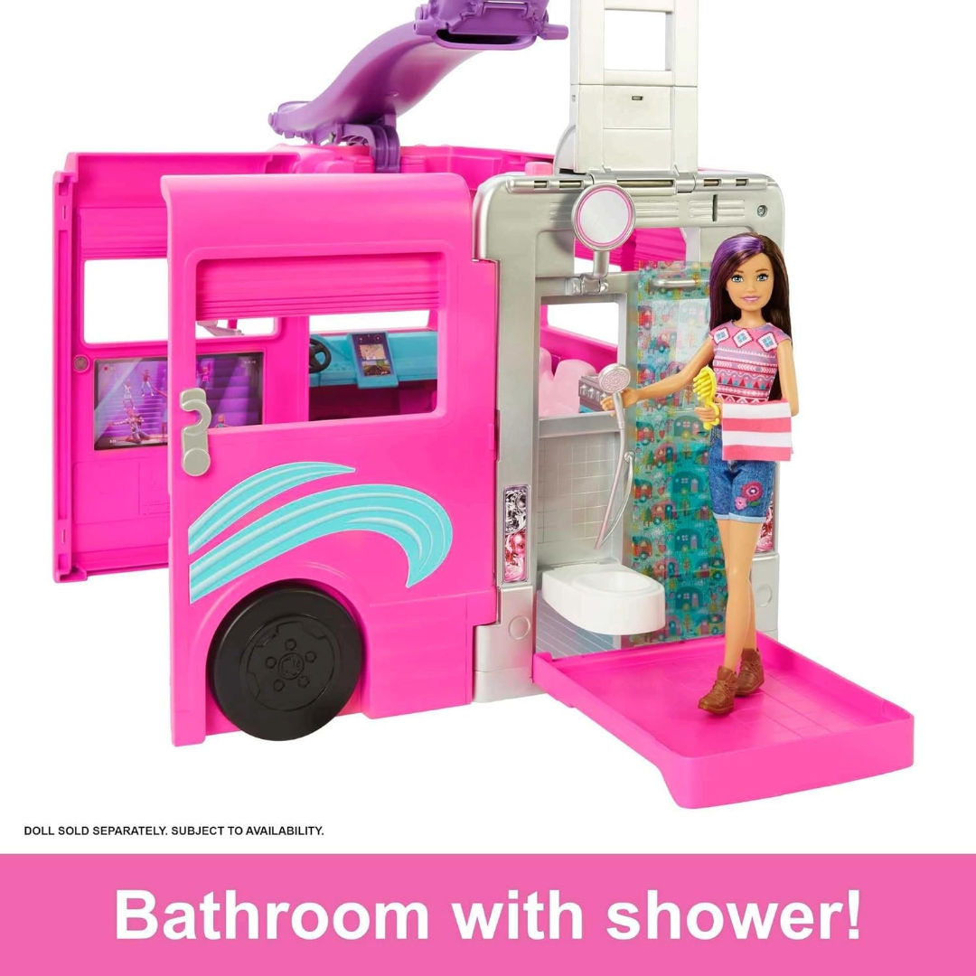 Barbie Dream Camper Playset, Doll Camper with 30 Inch Slide, 7 Play Areas & 60 Accessories