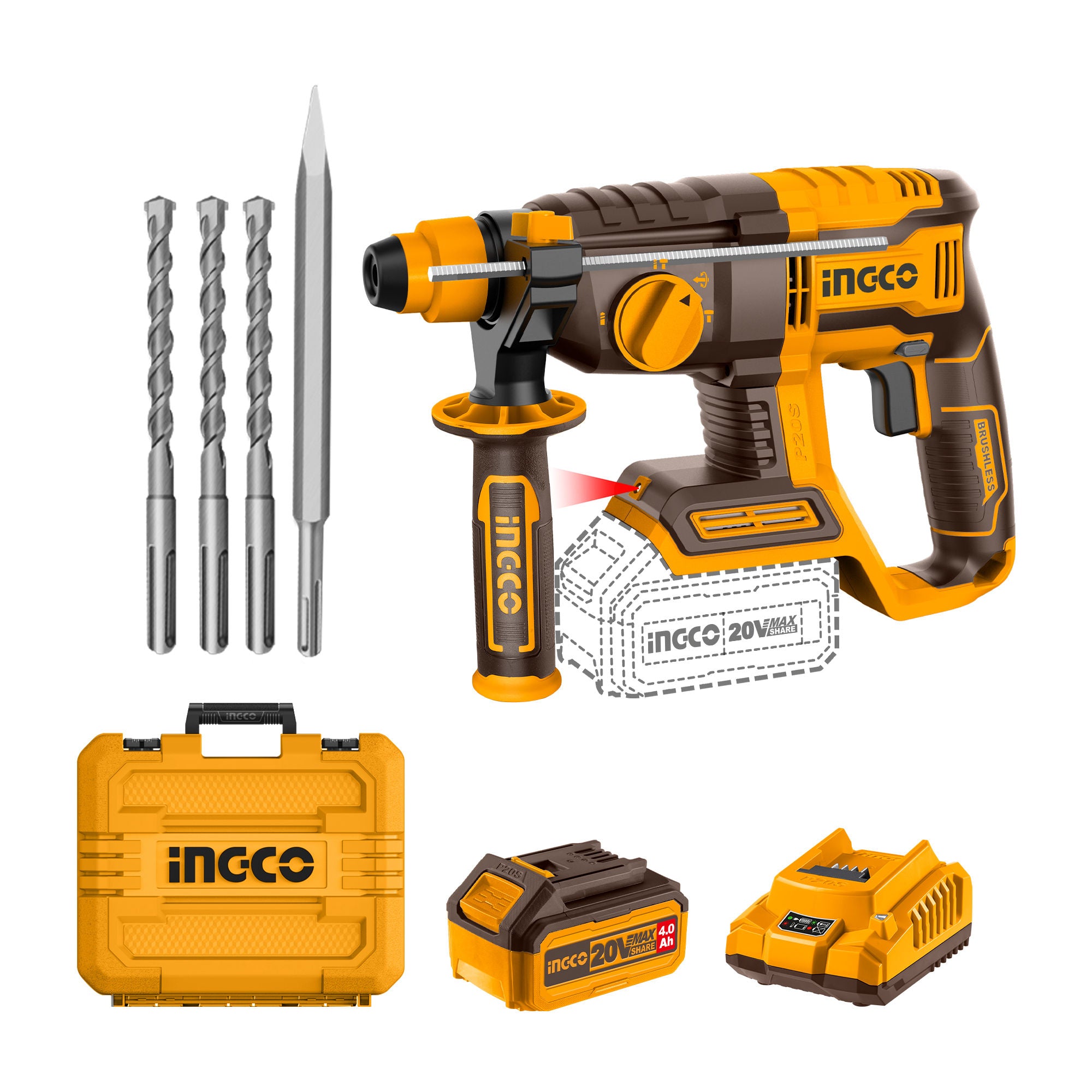 INGCO 20V Brushless Cordless Rotary Hammer Kit, 2.0 J, SDS-Plus, 4.0Ah Battery, Bits & Chisel, Carry Case