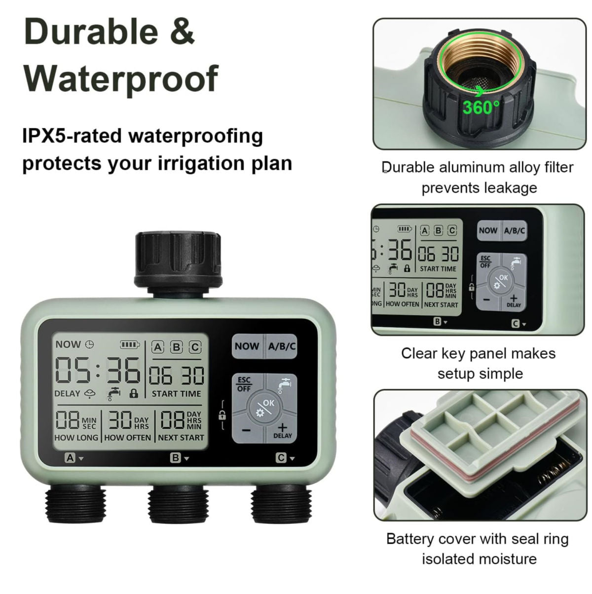 Digital Watering Timer, Battery-operated Programmable Garden Irrigation Timer with 3/4" Inlets Outlets for Garden Hose and Lawns