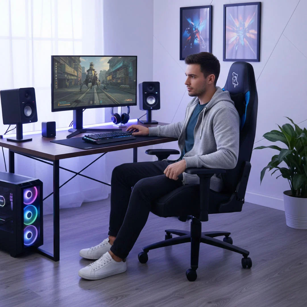 EPICARMA Ergonomic Gaming Chair with 4D Adjustable Armrests, 90°-160° Reclining Backrest, Lumbar & Neck Support, Black/Blue