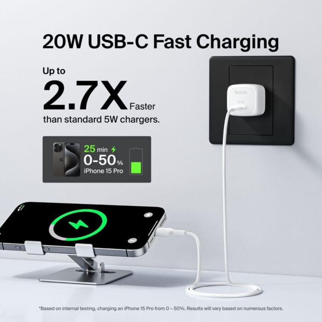 Belkin BoostCharge 20W Cube Wall Charger, USB-C Power Delivery Fast Charge, White