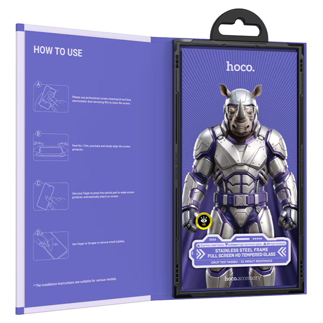 Hoco A43 Stainless Steel Frame Full Screen HD Tempered Glass for iPhone 18 Pro, iPhone 17 Pro, HD & High Transparency, Stainless Steel Frame