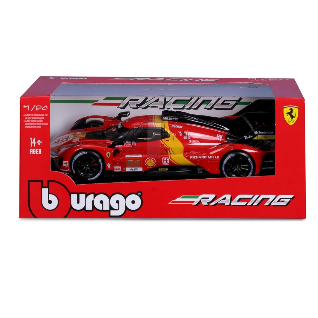 Bburago 24h LeMans 2023, Ferrari 499P Racing, Die-Cast Metal Car Kit, Red, 34 Pieces, 1:24