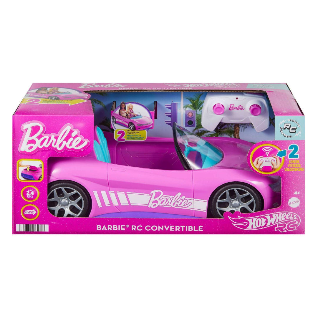 Hot Wheels RC Barbie Convertible, Battery-Powered Remote-Control Toy Car, Fits 2 Barbie Dolls