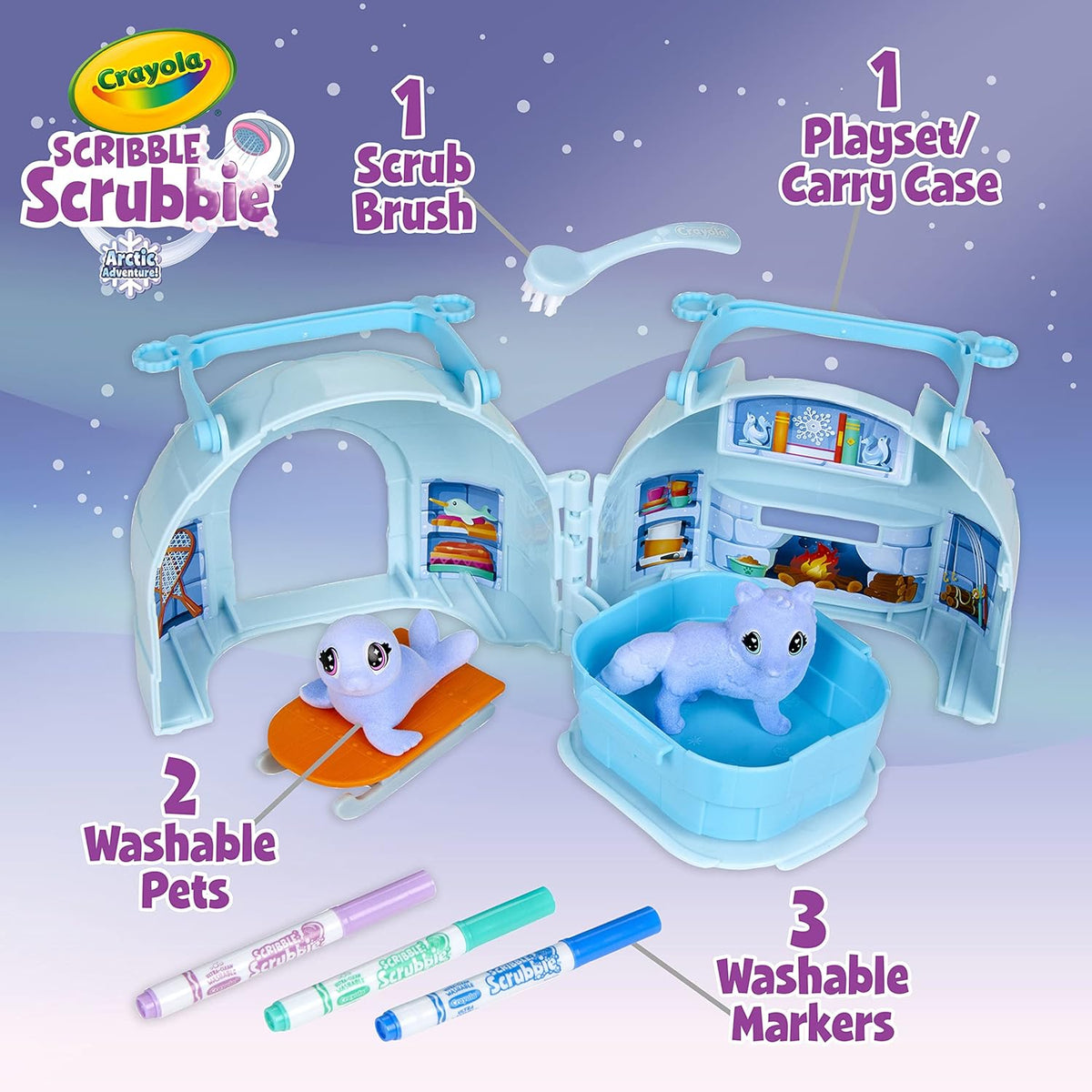 Crayola SCRIBBLE Scrubbie, Pets Arctic Igloo Playset & 3 Washable Markers