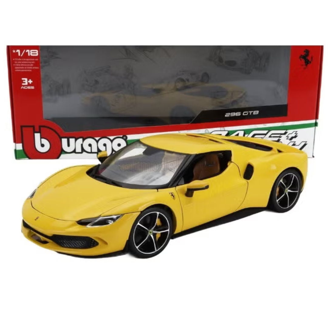 Bburago Ferrari Race & Play, Ferrari 296, GTB Die-Cast Car, Mistral Yellow, 1:18