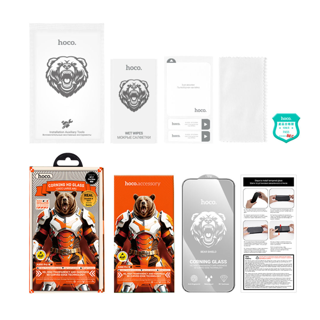 Hoco A888 Pro Bear Shield Series Corning Full Screen HD Tempered Glass for iPhone 18 Pro, iPhone 17 Pro, Corning Glass, Full Screen Coverage