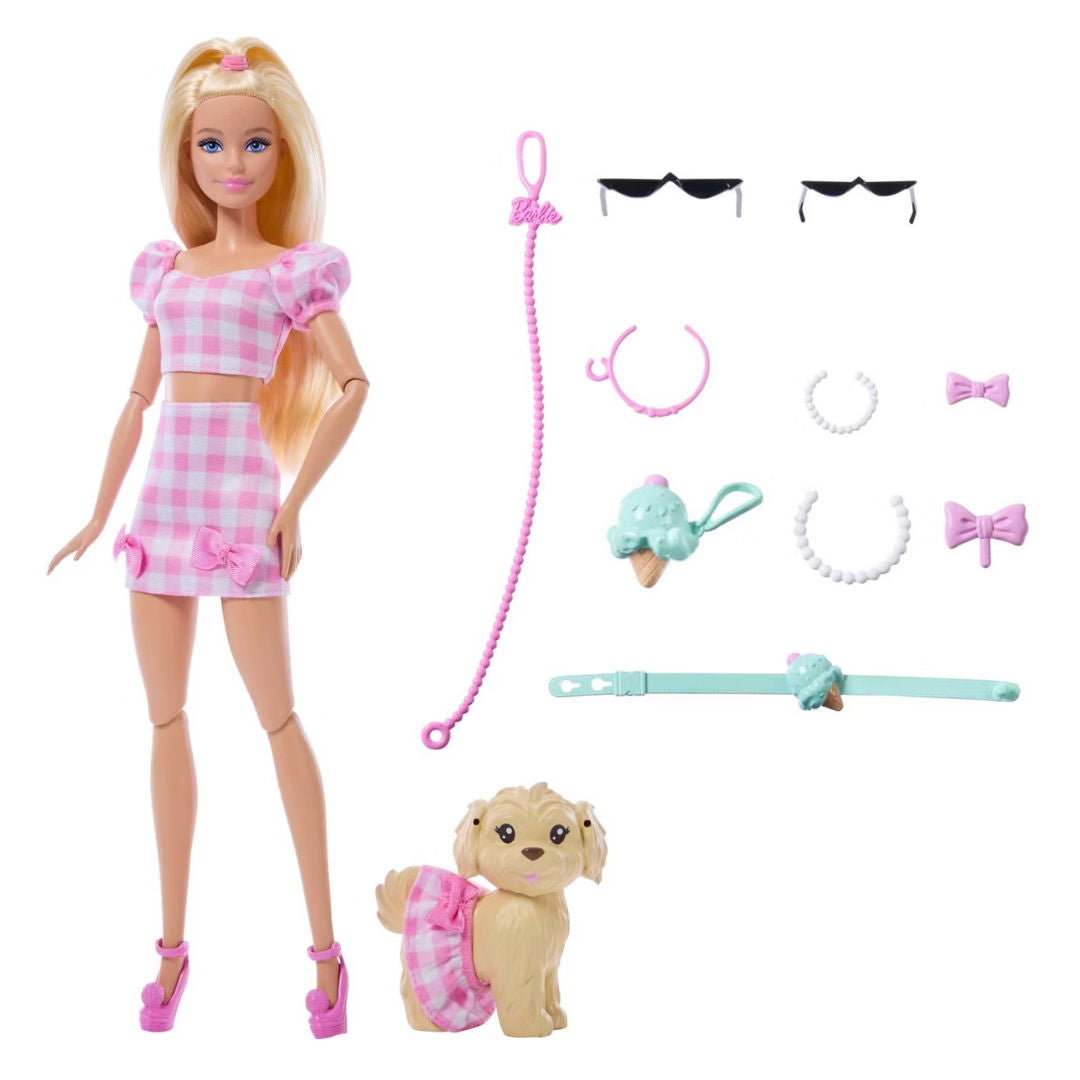Barbie Twinning Looks, Blonde Doll With Pet Dog And Accessories