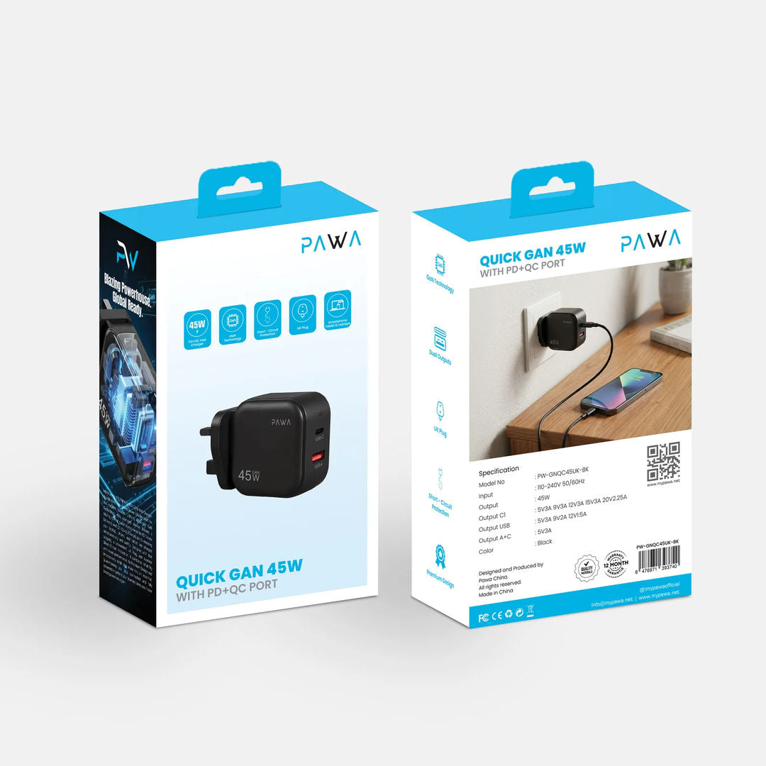 Pawa Quick Gan 45W PD+QC Adapter With USB Type-C To USB Type-C Cable, Black
