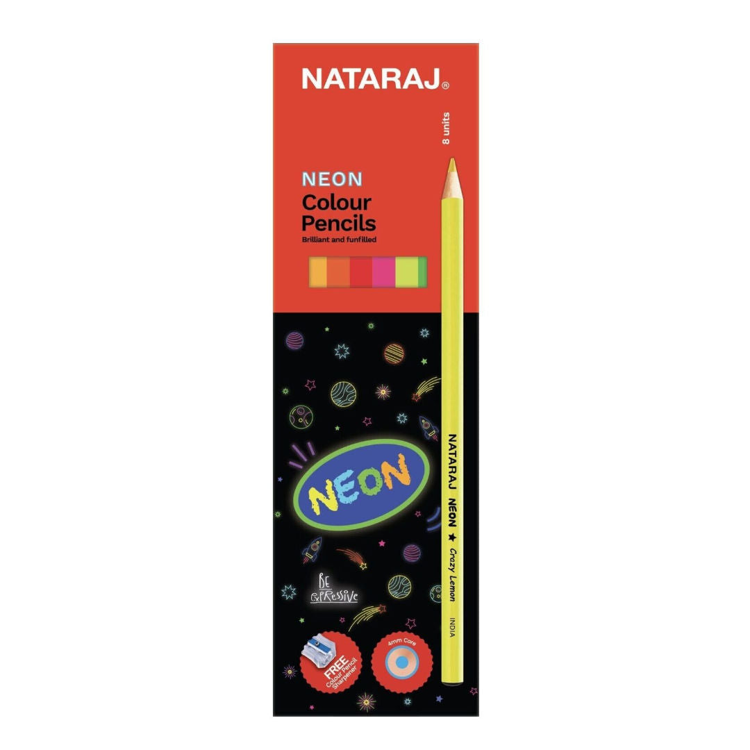 Nataraj Neon Color Pencils, 8 Pieces Pack with Sharpener, Assorted Colors
