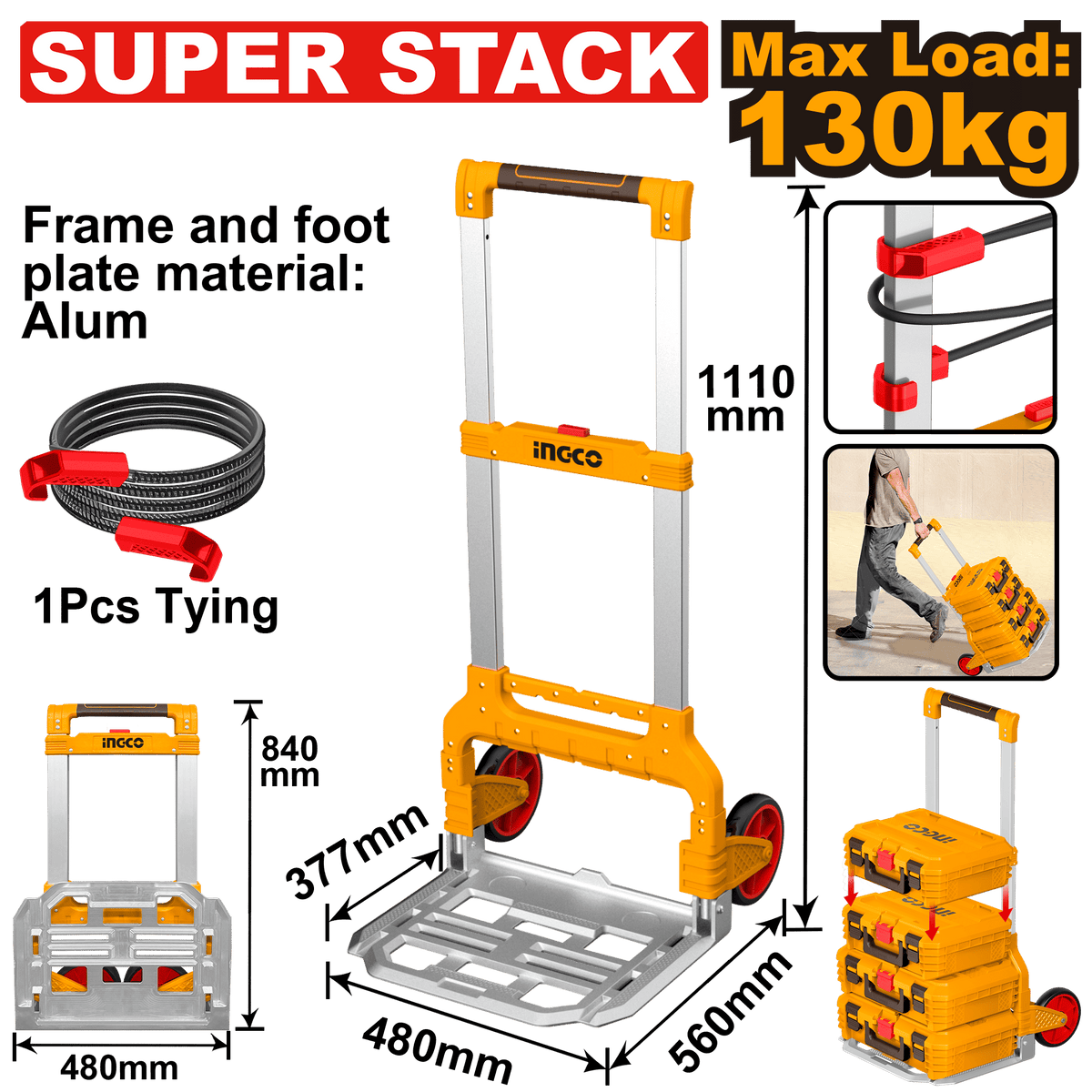 INGCO Foldable Hand Truck 130KG Heavy Duty Trolley Cart