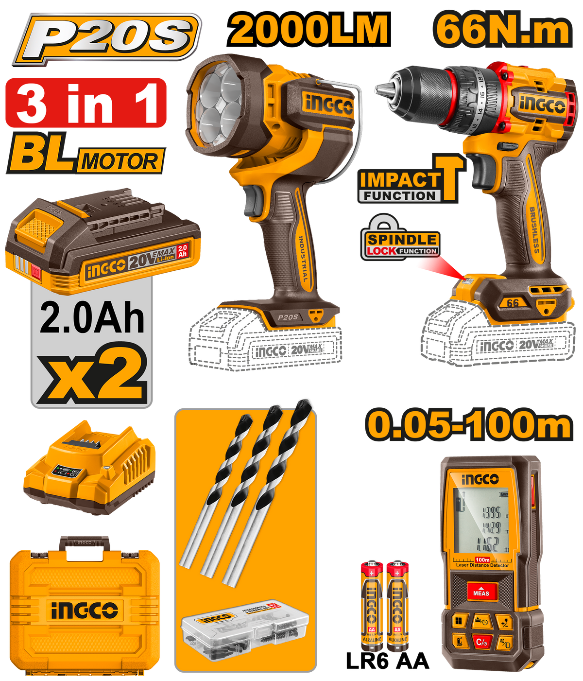 INGCO Cordless Drill and Laser Distance Meter Combo Kit