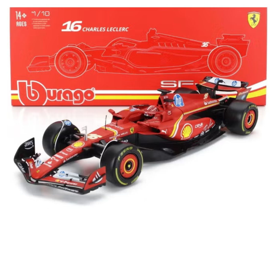 Bburago F1 Emilia Romagna Grand Prix 2024, Ferrari SF-24 #16, Charles Leclerc, Die-cast Car, 1:18, Red/Black