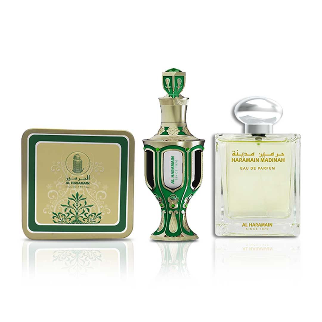 Al Haramain Madinah Collection Gift Set, Eau De Parfum 100ml + Perfume Oil 30ml + Bukhoor 40g, Luxury Fragrance Set