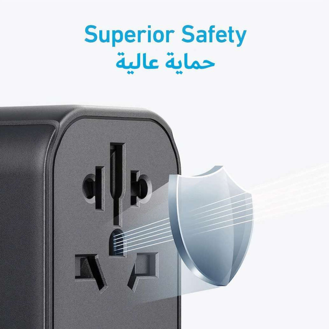 Anker Nano Travel Adapter 4-in-1, 65W Fast Charging, USB-C, USB-A & AC Outlet, Black