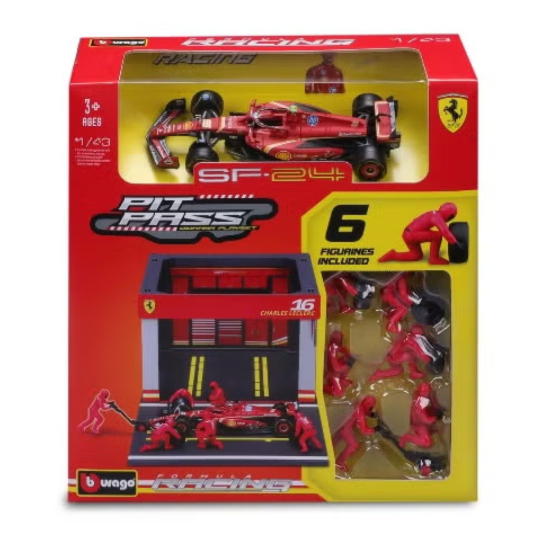 Bburago Formula One, Racing Scuderia Ferrari SF-24, Pit Pass Diorama Playset, 1:43