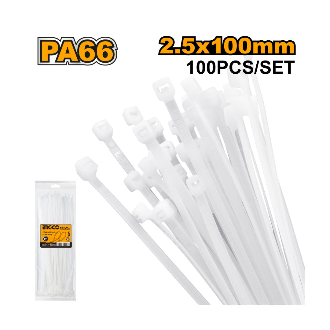 INGCO Cable Ties, Nylon 66, White, 100 Pieces