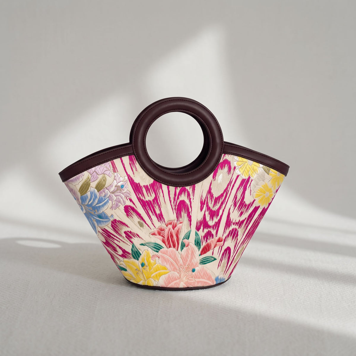 Jamila Designer Mulberry Silk Tote Bag, Floral Pattern with Round Handles, TOTEBUR-FLOWER02