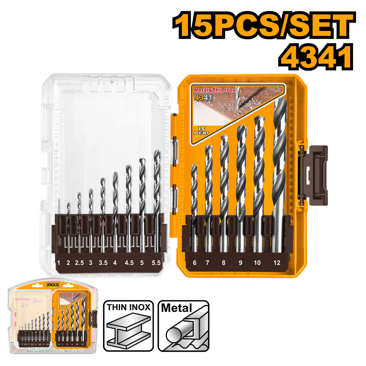 INGCO 15-Pieces HSS Drill Bit Set 1-12mm Metal Drill Bits