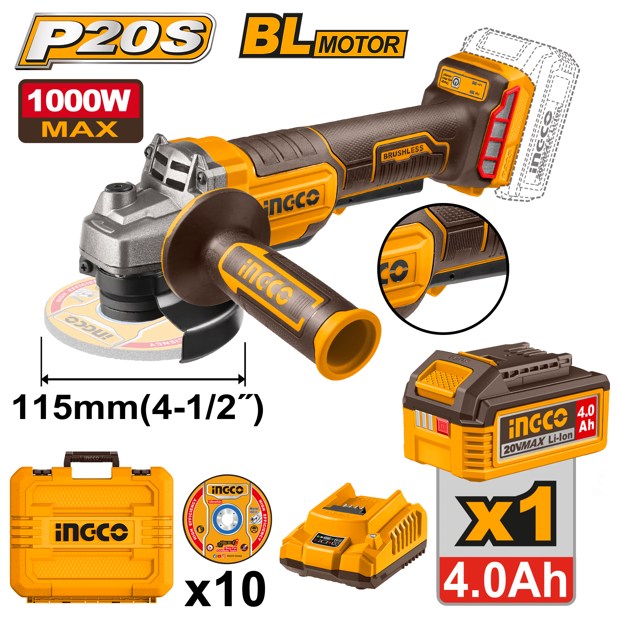 INGCO Cordless Angle Grinder 115mm 20V Brushless with Cutting Discs Kit