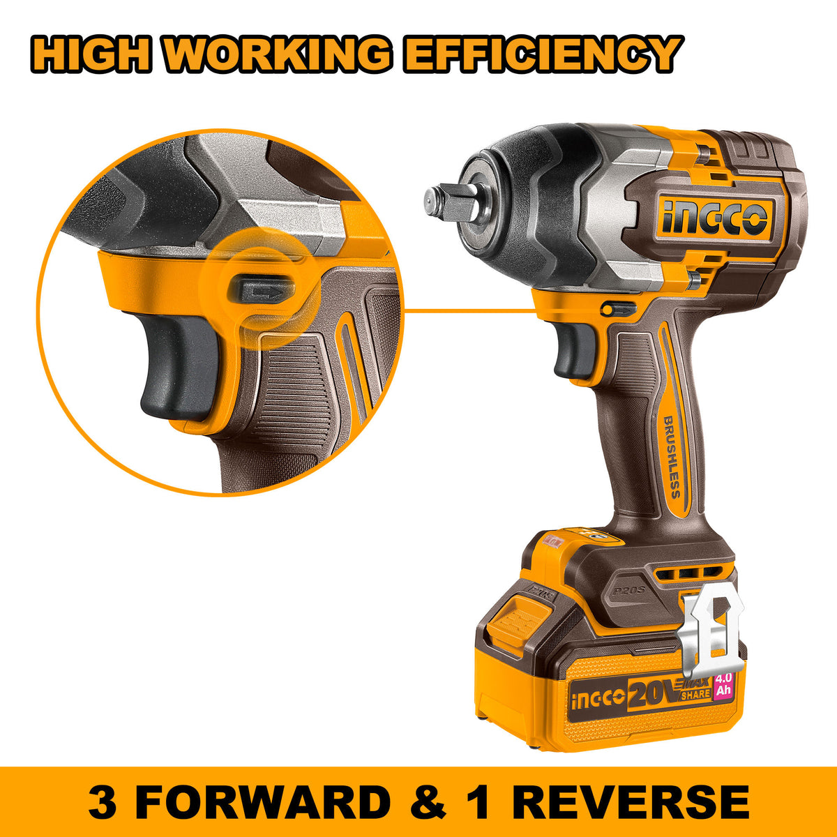 INGCO 20V Brushless Cordless Impact Wrench Kit, 1/2″ Drive, 850 Nm, 2×4.0Ah Batteries, Deep Sockets & Case