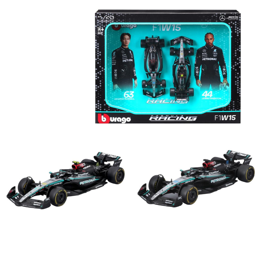 Bburago Racing F1 2024 Mercedes AMG W15 #44 Lewis Hamilton and #63 George Russel Die-Cast Cars 2-Pack Set (1:43), 14+ years