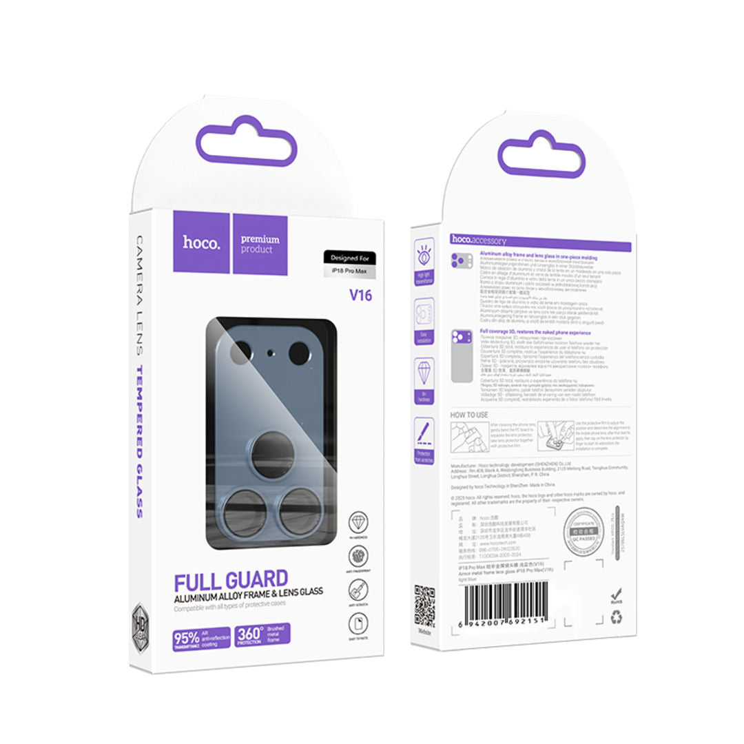 Hoco V16 Armor Metal Integrated Lens Glass for iPhone 18 Pro Max, 3D Full Coverage, Aluminum Alloy Protection