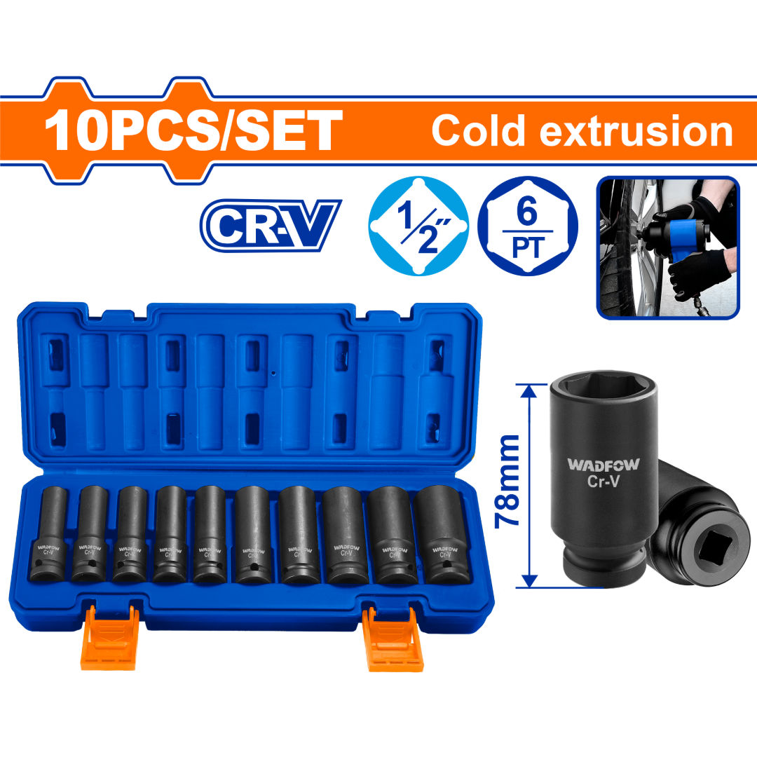 WADFOW 10 pcs 1/2" Deep Impact Socket Set, 10/12/13/14/15/17/19/21/22/24mm, L 78mm, Cr-V